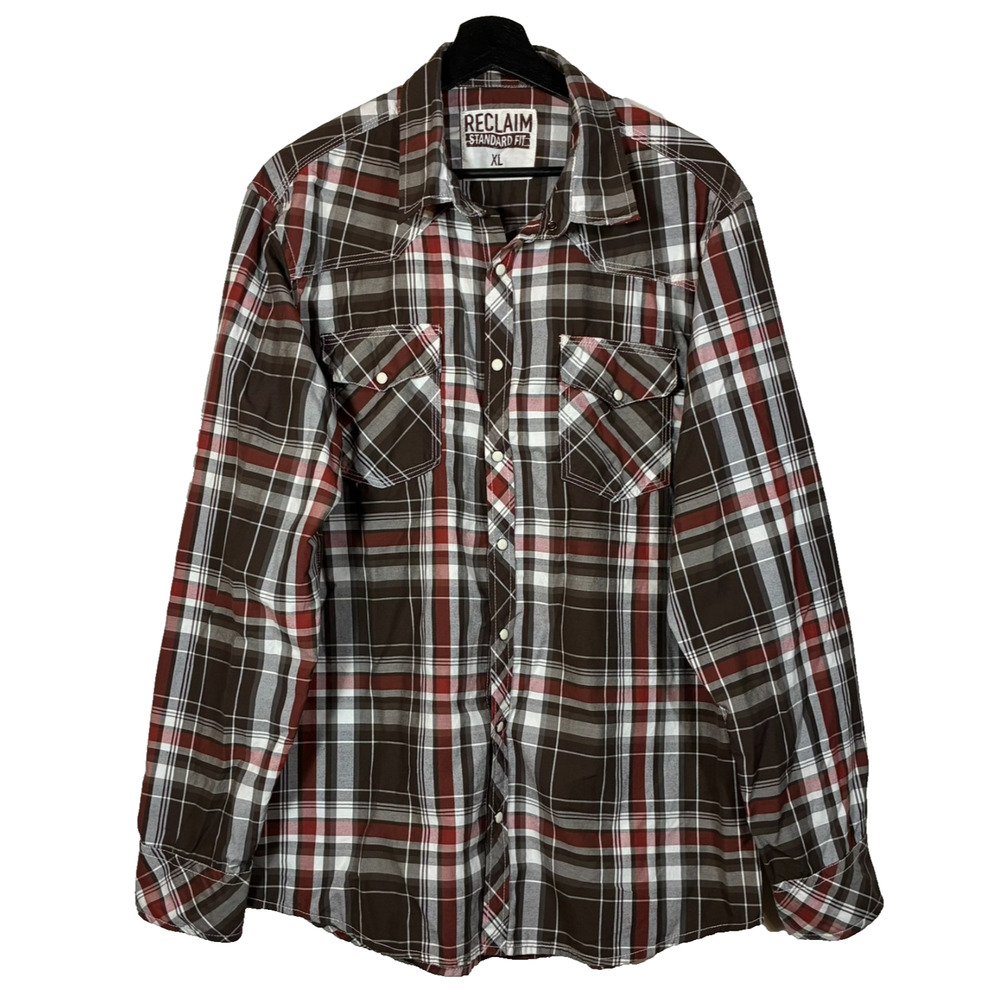 Plaid Western Pearl Snap Shirt Mens XL Brown Red Long Sleeve Reclaim Rodeo